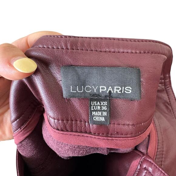 Lucy Paris Maroon Burgundy Faux Leather Cropped Bootcut High Waist Belted Pants - Picture 10 of 12